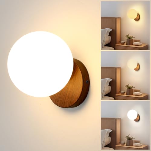 Prosmoon Modern Globe Wall Sconce Wall Light for Bedroom Living Room & Hallway Bathroom Light Fixtures with 3 Lighting Colors LED Wall Lamp Shade Milky Glass with Walnut Colors Base (Bulb Included)