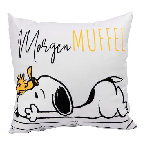 United Labels The Peanuts Snoopy Kissen, Kopfkissen 30x30 cm, Weiß, Sofakissen Morgenmuffel, Dekokissen für Fans