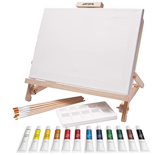 Desk Easel With Acrylic Paints - Table Top Adjustable Wooden Desktop Easel, 12 Tubes, Canvas, Paintbrushes & Palette For Painting, Sketching And Drawing Supplies #TOP1