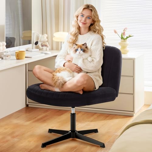 Image of IWMH Criss Cross Chair, Cross Legged Office Chairs no Wheels, Armless Wide Seat Desk Chair with Adjustable Height for Home, Vanity, Bedroom (Black)