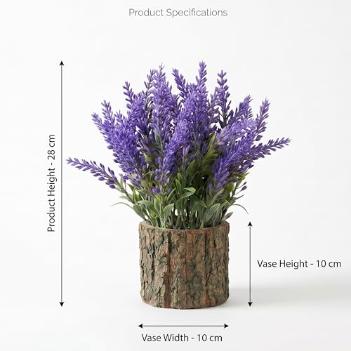 Image of Dekorly Artificial Lavender Flower with Real Wooden Vase (28CM Overall Height) | Decorative Lifelike Faux Floral Plant in Rustic Tree Log Pot for Living Room(Lavender Flower)