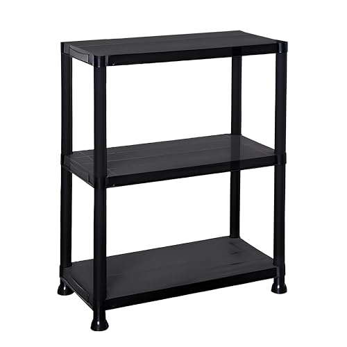 DIVCHI 3 Tier Plastic Storage Shelving Unit | Heavy Duty Shelf Rack for Home, Garage, Office & Utility Room | Shelf Rack (Black)