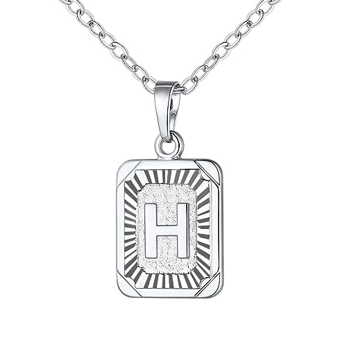 U7 Square Initial Necklace for Women, Gold/Platinum Plated A-Z 26 Letters Pendant Necklace, Large Capital Monogram Retangle Tag Necklace, Resizable Ch