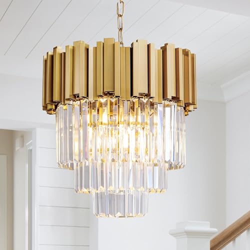 Paxsovon 3-Tier 15.8" Modern Gold Crystal Chandelier, 5-Light Round K9 Crystal Pendant Light Fixture for Dining Room, Kitchen Island, Bedroom, Living Room, Foyer, Entryway