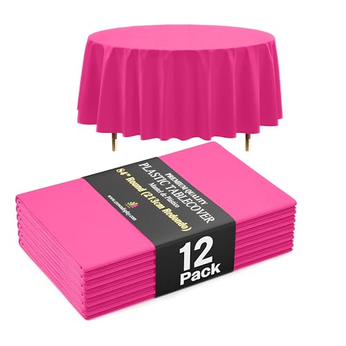 Image of Exquisite 66% Thicker Premium Cerise Round Tablecloth 0.5 Mil 12 Pack Plastic Table Cloth Disposable 84 Inch Round Plastic Tablecloth Won't Tear Easily Like Cheap Thin Brands