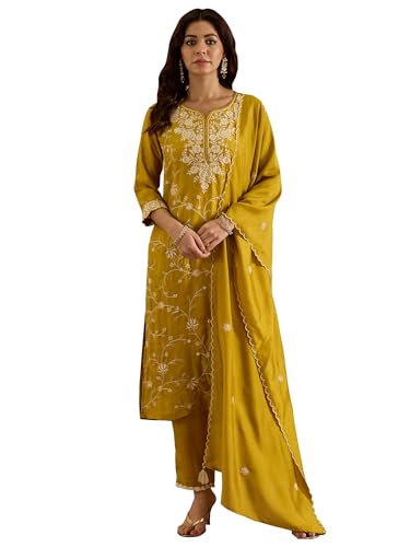 Image of INDO ERA Women's Teal Silk Blend Embroidered Straight Kurta Pant And Dupatta Set (IESTR6287)
