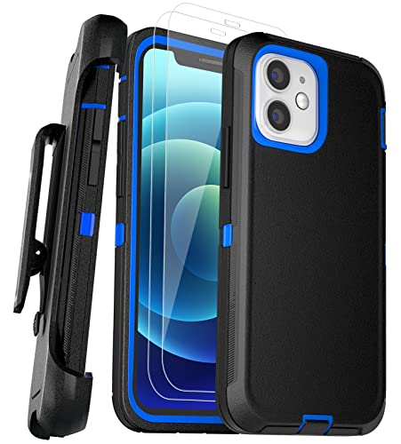 GYJ for iPhone 12 Mini Case with Belt Clip Holster Kickstand & 2 Screen Protector, Heavy Duty Full Protection Cover Military Grade Drop-Proof Phone Case 5.4" (Black Blue+Clip)