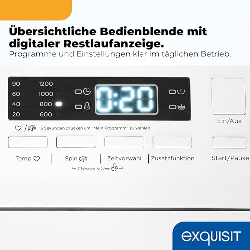 Exquisit Toplader Waschmaschine | 7,5 kg Kapazität, Energieklasse A, 1200 U/Min, 78 dB(A) | schmale Bauform, 15 Programme, Eco 40–60, Kurzprogramm, Startverzögerung, Aquastop | LTO51207-030A weiss