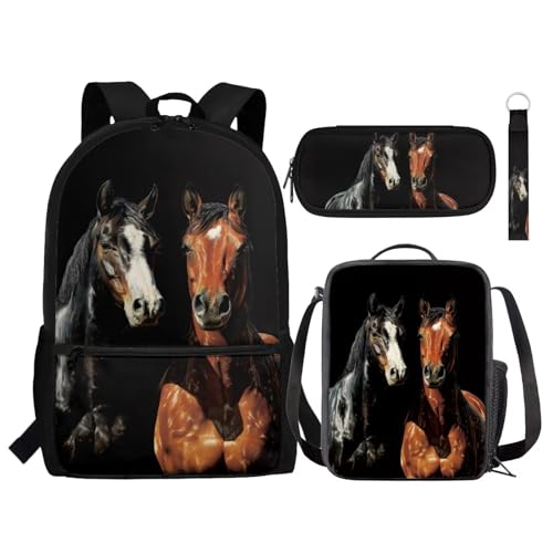 Zaino per bambini set da 4 pezzi include borsa a tracolla per la scuola per il pranzo astuccio portamatite portachiavi forniture per il ritorno a Cavallo marrone nero