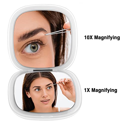 Funtopia Magnifying Mirror With Light, 1X/10X Magnification Compact Mirror, Dimmable Double Sided Led Lighted Travel Makeup Mirror, Portable For Handbag And Pocket, 3.9 Inch, Usb Charging (White #TOP2