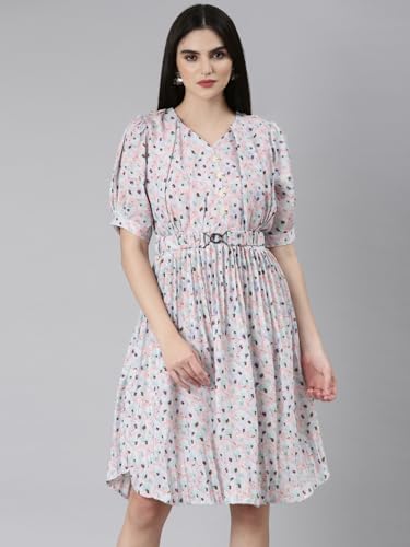 Image of SHOWOFFFF Women Printed Fit and Flare Casual Dress | Sweetheart Neck 3 /4th Sleeves Cotton Dress for Womens | Knee Length Dress for Women's