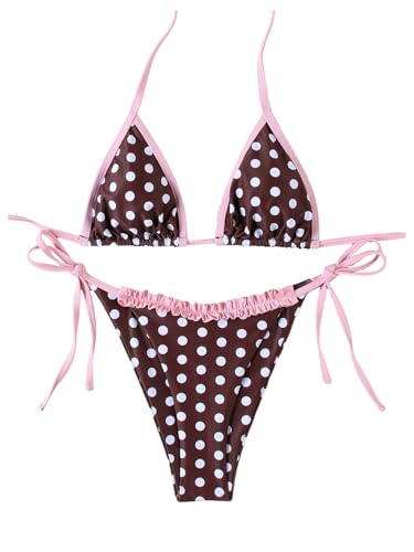 Bikini marron à pois pour femmes : maillot 2 pièces triangle pour le bronzage