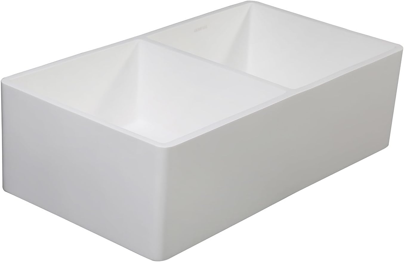 Gourmetier GKFA331810SQD Solid Surface Double Bowl Farmhouse Kitchen Sink, Matte White