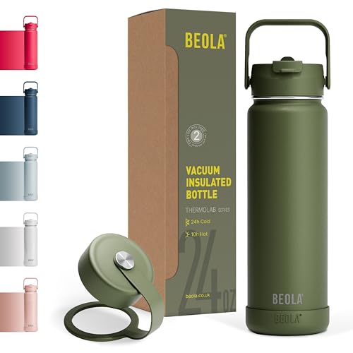 BEOLA 750ml Water Bottle 18/8 Stainless Steel 304 Double Wall Insulated Thermos Bottle with Straw Lid and wide mouth, 2 lids included, Hot Cold Liquids Sports Bottle, 25oz (Green Forest)