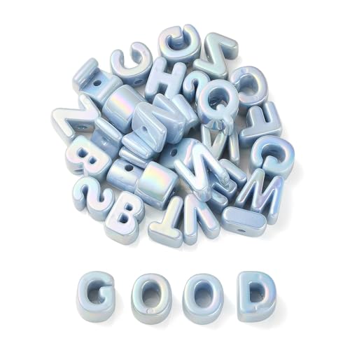 Elecrelive 90-100Pcs Sky Blue Lacing Letters Beads Chunky Alphabet Beads Iridescent Large Letters for Bracelet Keychain Bag Charm Spelling Skills
