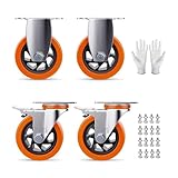 5 Inch Swivel Caster Wheels Set of 4, Heavy Duty Casters with Brake - Load 1800lbs, Polyurethane Locking Casters for Cart, Furniture, Workbench (Bonus of Screws & Gloves)
