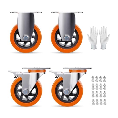 5 Inch Swivel Caster Wheels Set of 4, Heavy Duty Casters with Brake - Load 1800lbs, Polyurethane Locking Casters for Cart, Furniture, Workbench (Bonus of Screws & Gloves)