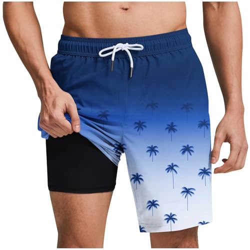 Men's Swim Trunks with Compression Liner 7 Inch Inseam Board Shorts 2 in 1 Quick-Dry Bathing Suits Hawaii Beach Shorts