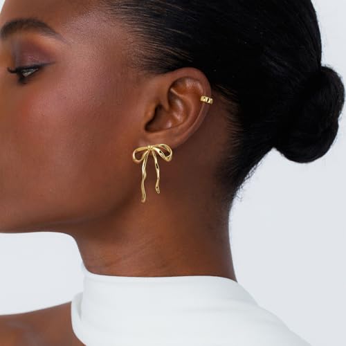 Gold Earrings for Women, 14k Gold Plated Bow Ribbon Earrings Hypoallergenic Non-Tarnish Dainty Cute Stud Tragus Piercing Earring Fashion Accessories for Her2