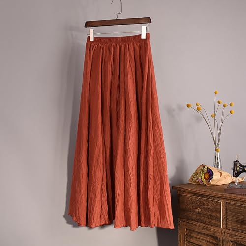 Red Summer Skirts for Women UK Midi Pleated Skirts Linen Cotton Elasticated Waist Long A Line Midi Boho Flared Skirt Swing for Holiday Beach Loungewear Skirt - Image 2