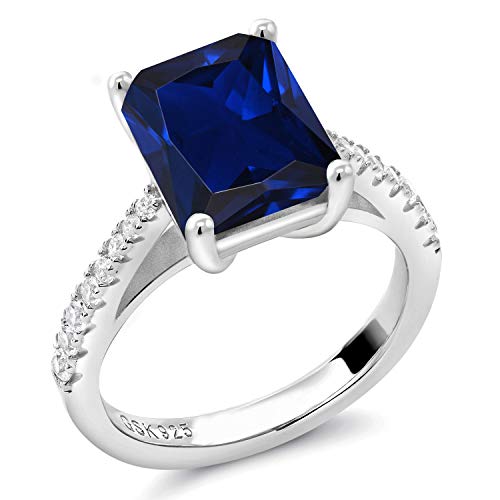 Gem Stone King 4.26 Cttw Blue and White Created Sapphire Engagement Ring For Women | 925 Sterling Silver | Emerald Cut 10X8MM | Available in size 5, 6, 7, 8, 93