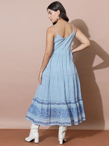Image of Varanga Women Blue Striped Flowy Dress with Traditional Block Print Inspired Border Accents