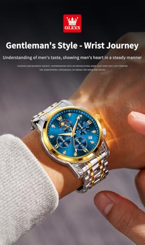Image of OLEVS Chronograph Watches for Men Original Analog Quartz Black Stainless Steel Chain Luxury Dual Time Zone Moon Phase Date Waterproof Men's Wrist Watch