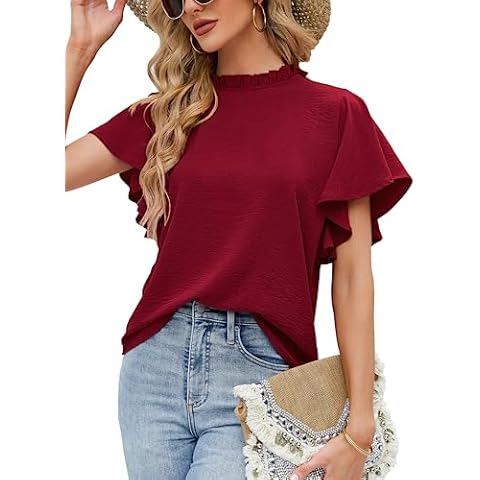 Aifer Womens Tops Dressy Casual,Summer Fashion 2025 Ruffle Short Sleeve Shirts Red Blouses Trendy Elegant Work Business Professional Wear Cover