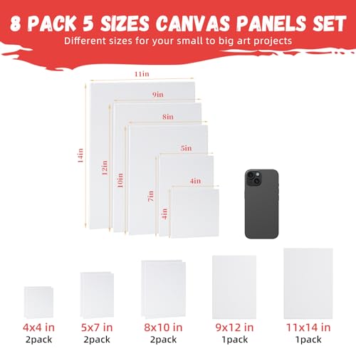 Simetufy 8 Pack Canvas Boards for Painting Multi-Size Paint Canvas Panels Set 4x4, 5x7, 8x10, 9x12, 11x14 Inches Pre-Primed 100% Cotton for Oil Acrylic Paint for Kids Beginners