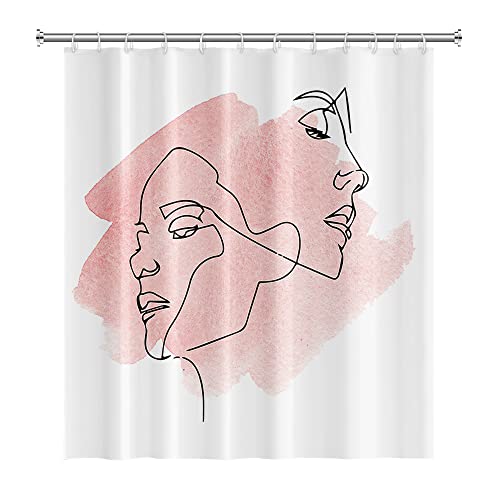Abstract Women Face Shower Curtain,Minimalist Aesthetic Shower Curtain Modern Line Art Bathroom Curtain Pink Mid Century Waterproof Polyester Fabric Shower Curtain with 12 Hooks,72  x 72 
