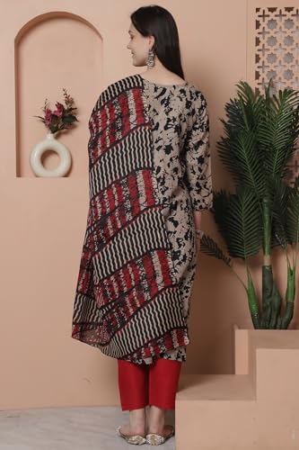 Image of Rajnandini Women's Cotton Blend Abstract Printed Kurta Set with Dupatta (JOPLST243-P Beige and Black)