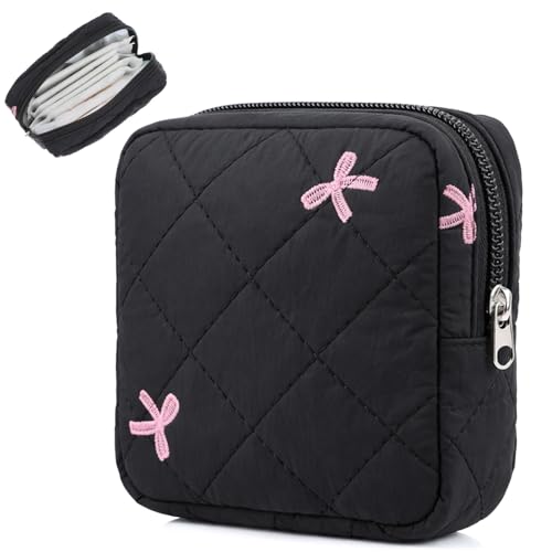 GEEHUA Period Bag for Teens Women, Sanitary Napkin Storage Bag & Tampon Holder, Bow Tie Compact Pad Pouch for Purse (Black)