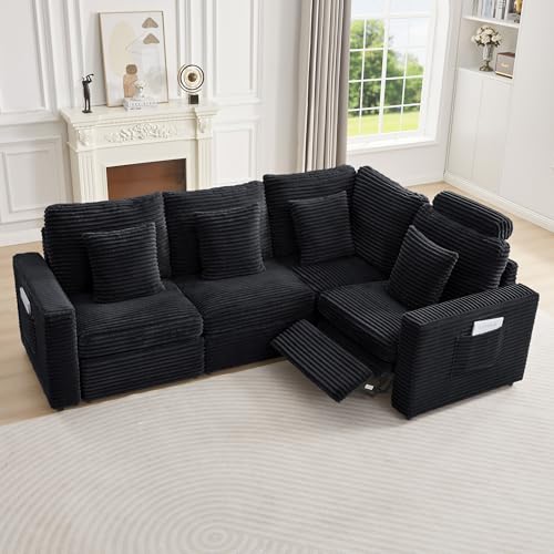 Image of RARZOE Modular Sectional Sofa with Power Recliner, 4-Seater L-Shaped Corduroy Reclining Couch Sectional with Headrest, Flexible Combination Fluffy Comfy Cloud Comfy Couches for Living Room,Black