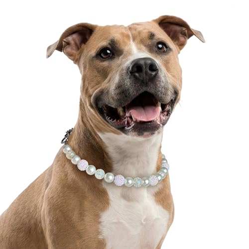 JOGIA Pearl Dog Collar with AB Sparkle Beads White Pearl Necklace for Dogs Elegant Decorative Jewelry for Weddings and Portraits (White Large)