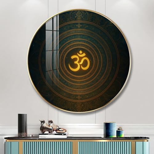 The Next Decor Divine Radiance Om Wood Glass Finish Round Wall Art Painting For Home & Office | Stylish Paintings For Living Space (Size- 24X24 Inches)