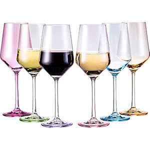 Colored Crystal Wine Glass Set of 6, Large Stemmed 12 oz Glasses, Great for all Occasions & Special Celebrations Unique Italian Style Tall Drinkware for Red & White Wine, Water Dinner, Color Glassware