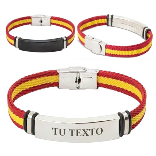 RIQUEZA Y ARTE Pulsera hombre personalizada con la bandera de españa de acero inoxidable - Regalo personalizao para hombre. Pulsera ajustable con un acabado profesional (17-22cm) (FONDO PLATEADO)