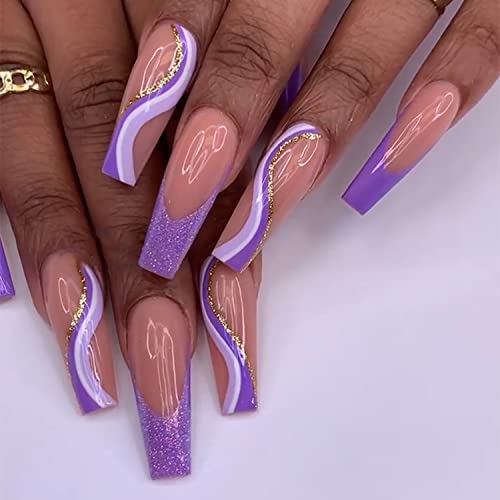 Artificail Extra Long Press on Nails, Purple Luxury Fake Nails with Acrylic Full Cover Swirls Glitter Fake Nails with Design Nail Tips for Women Girls 24PCS(Purple Swirl)