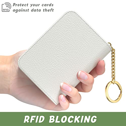 Image of Aiawoxc Credit Card Holder for Women, Small RFID Wallet Slim Leather Business Card Organizer Case with Zipper and Keychain, White