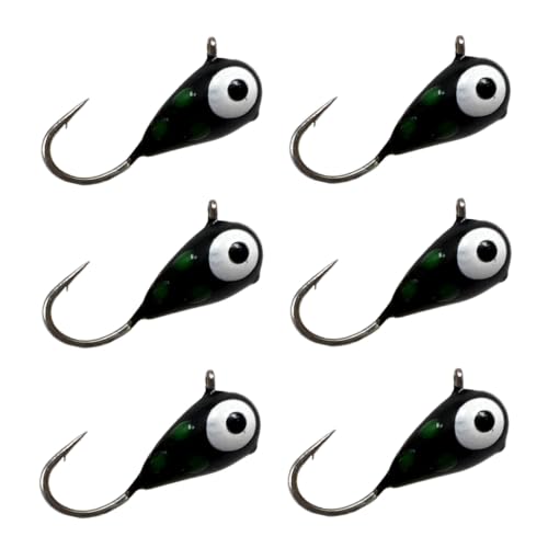 Reaction Tackle Tungsten Ice Fishing Jigs, Tear Drop Jig Heads that Glow with UV Light for Panfish, Crappie, Walleye, Perch, Trout and Bluegill - Black w/Glow Spots 6-pcs 4 mm