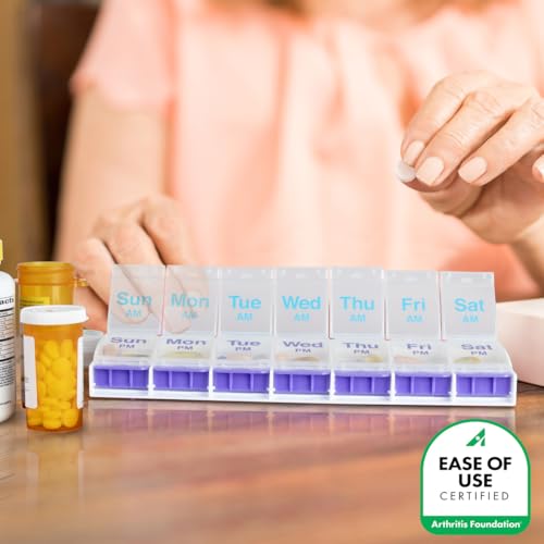 ezy dose push button 7-day pill case medicine planner daily vitamin organizer 2 times a day ampm x-large compartments arthritis friendly easy to use clear lids purple and blue bpa free