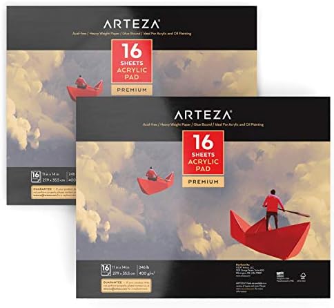 Arteza Acrylic Pad, Pack of 2, 11 x 14 Inches, 16 Sheets Each, Heavy 246-lb Art Paper, Art Supplies for Acrylic Painting, Oil Painting, & Drawing