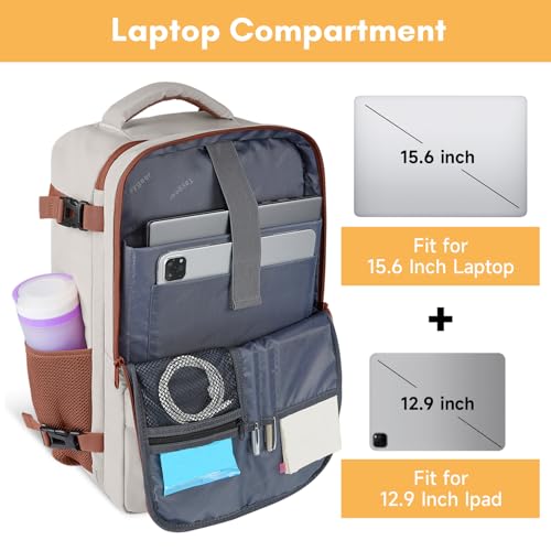 Image of Taygeer Backpack for Women, College Backpack with Laptop Compartment | Travel Laptop Mochila Carry On Luggage with Shoe Pouch, Airline Approved Personal Item Bag For Weekender Hiking, Khaki White