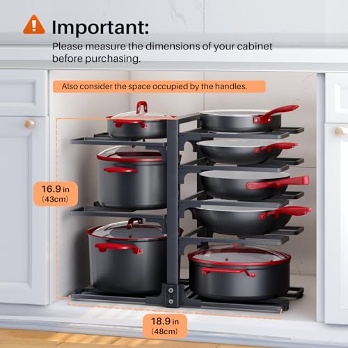 SAYZH Pots and Pans Organizer, Adjustable and Snap-on Saucepan Rack for Cupboard, Pan Organizer for Kitchen Organization & Storage, Rustproof Pot Organizer, Upgraded Design (Black 8 Tier)
