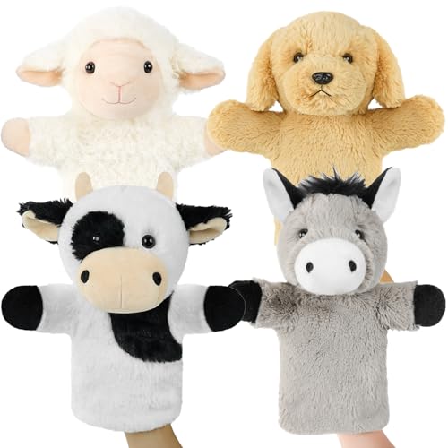 4 PCS 11'' Farm Animal Hand Puppet Set Soft Realistic Plush Puppets Toys Sheep, Donkey, Cow, Dog Puppet for Kids Ages 1-3, 4-8, Toddlers and Adults to...