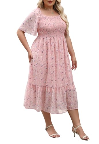 Image of Keluummi Plus Size Wedding Guest Maxi Dresses for Curvy Women, Summer Casual Boho Floral Smocked Empire Waist A Line Sundress