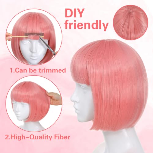 kuttolee Pink Bob Wigs Short Bob Hair Pastel Bob Wig with Bangs, Synthetic Hair for Women Girl Colorful Cosplay Wig Synthetic Heat Resistant Fiber for Daily Party Halloween Use — view 3