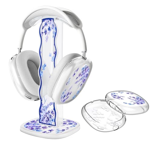 DiyGody Headphone Stand Gaming Headset Holder with Protective Ear Pad/Ear Cups Case for AirPods Max Headphones, Clear Earphone Stand Desk Accessories for All Headphones Size (Purple Lavender)