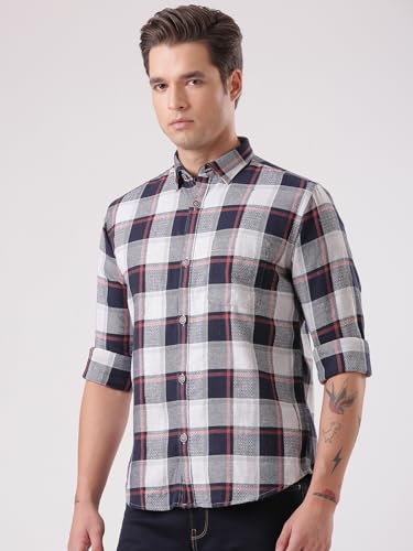 Image of TURMS Men's Casual Checks Shirts, Odor Control, Moisture Wicking, Button Down Collar, Cool Tech Cotton Fabric, Tailored Fit, Full Sleeve