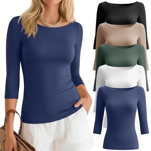 Ficerd 5 Pack Womens Boat Neck 3/4 Sleeve Tops, 5-Color, Medium
